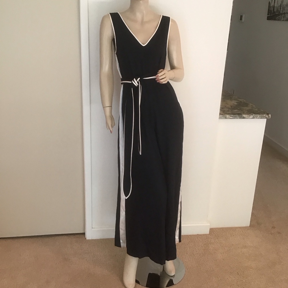 Diane Von Furstenberg Alexander Navy Blue Ivory Stripe Wide Leg Crepe Jumpsuit 6